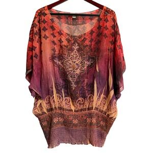One World Women 1X Red Purple Paisley Sheer Chiffon Smocked Hem Dolman Top